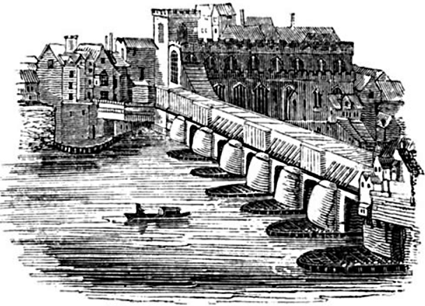 London Bridge after the fire of 1632 showing a covered way at the North end